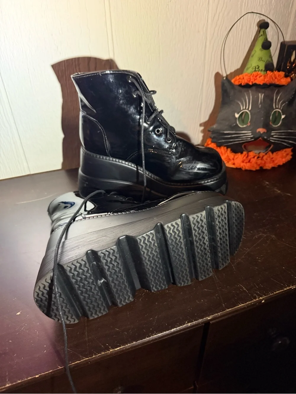 Black Patent Platform Lace-Up Boots - Women